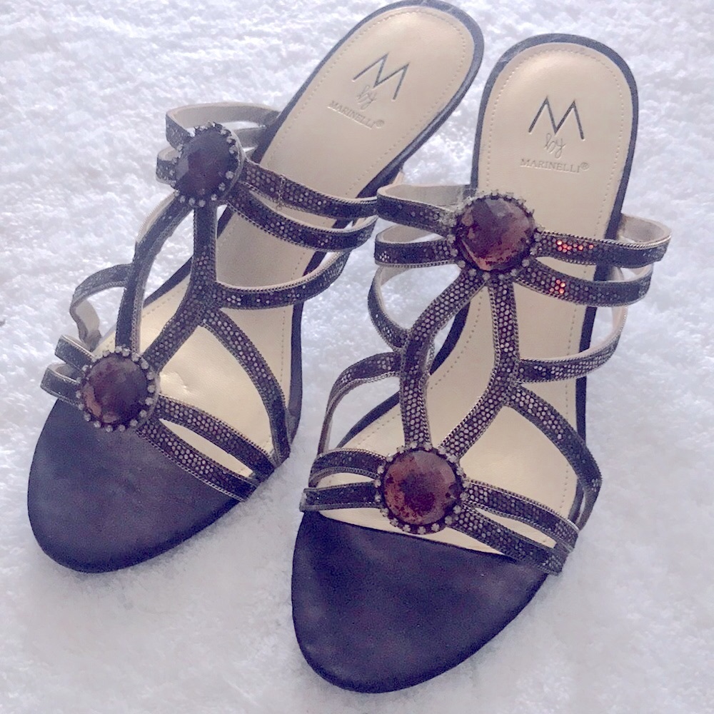 Worn once!  Bronze tone, Gem studded dress heels